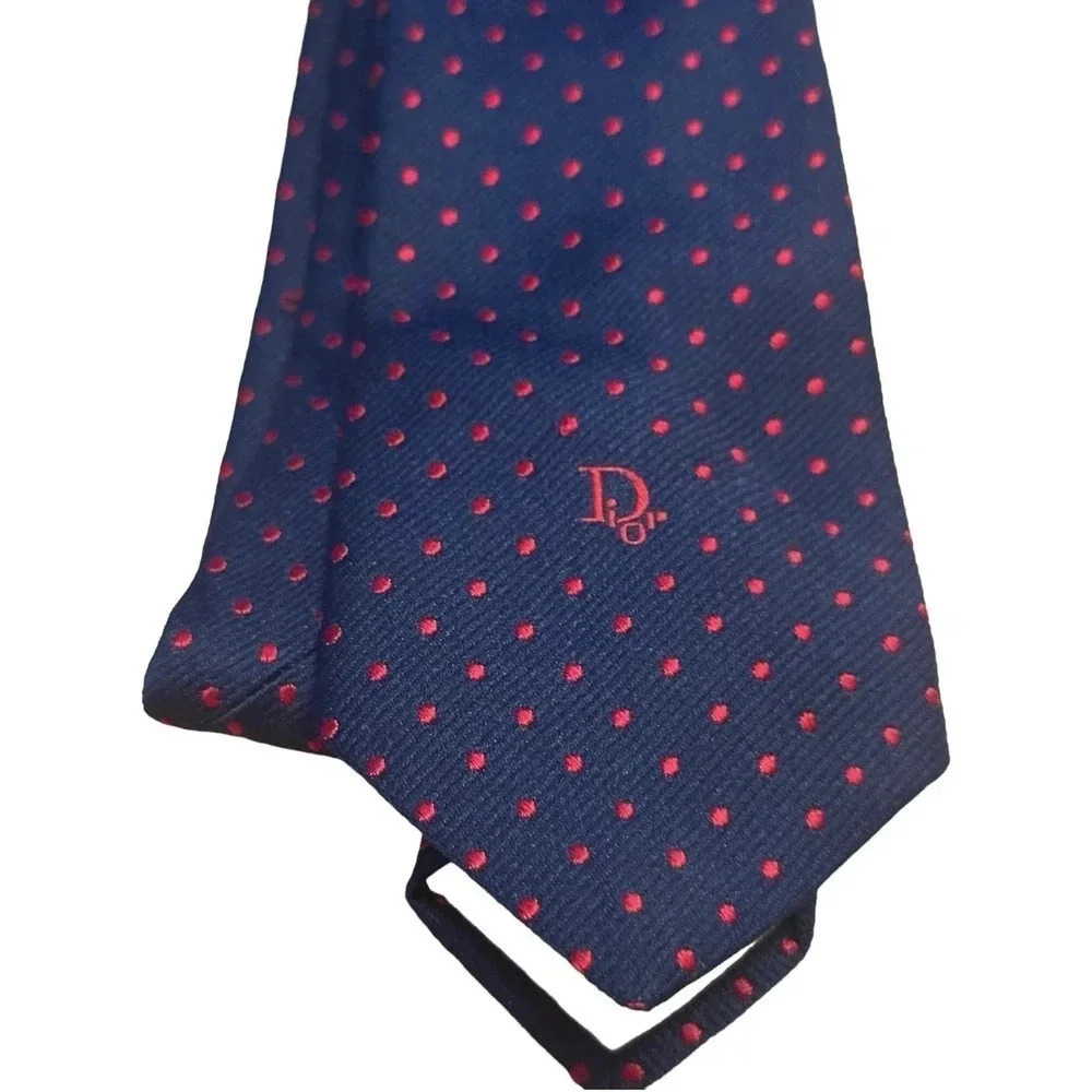 Christian Dior 100% Silk Men's Navy & Red Polka Dot Silk Tie